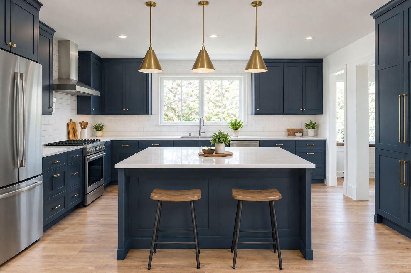 Renovated kitchen with navy cabinets, brass pendant lights, and white countertops